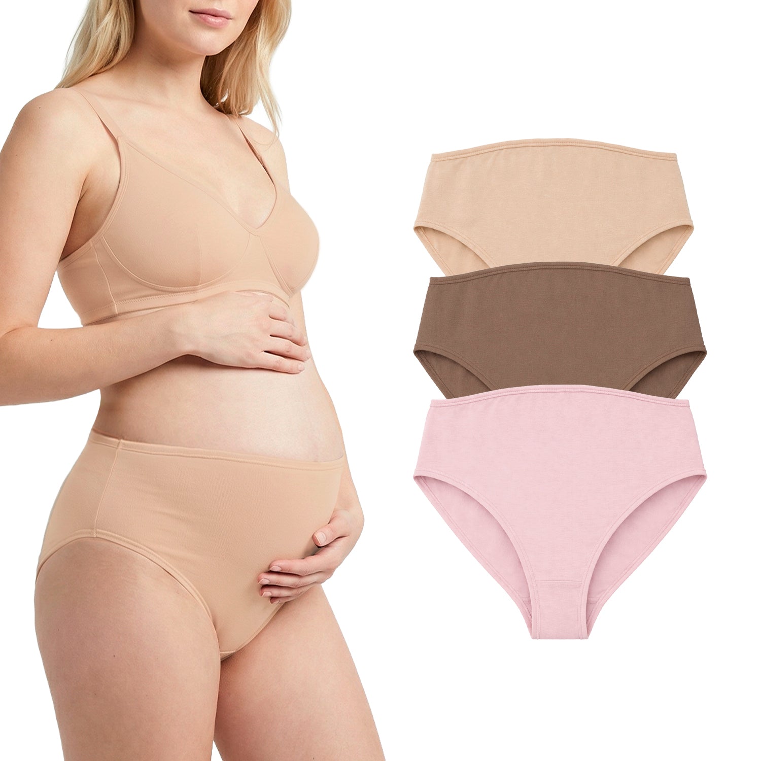 Panty alta de maternidad 9months algodón pack 3, set nude café y rosa, en modelo embarazada
