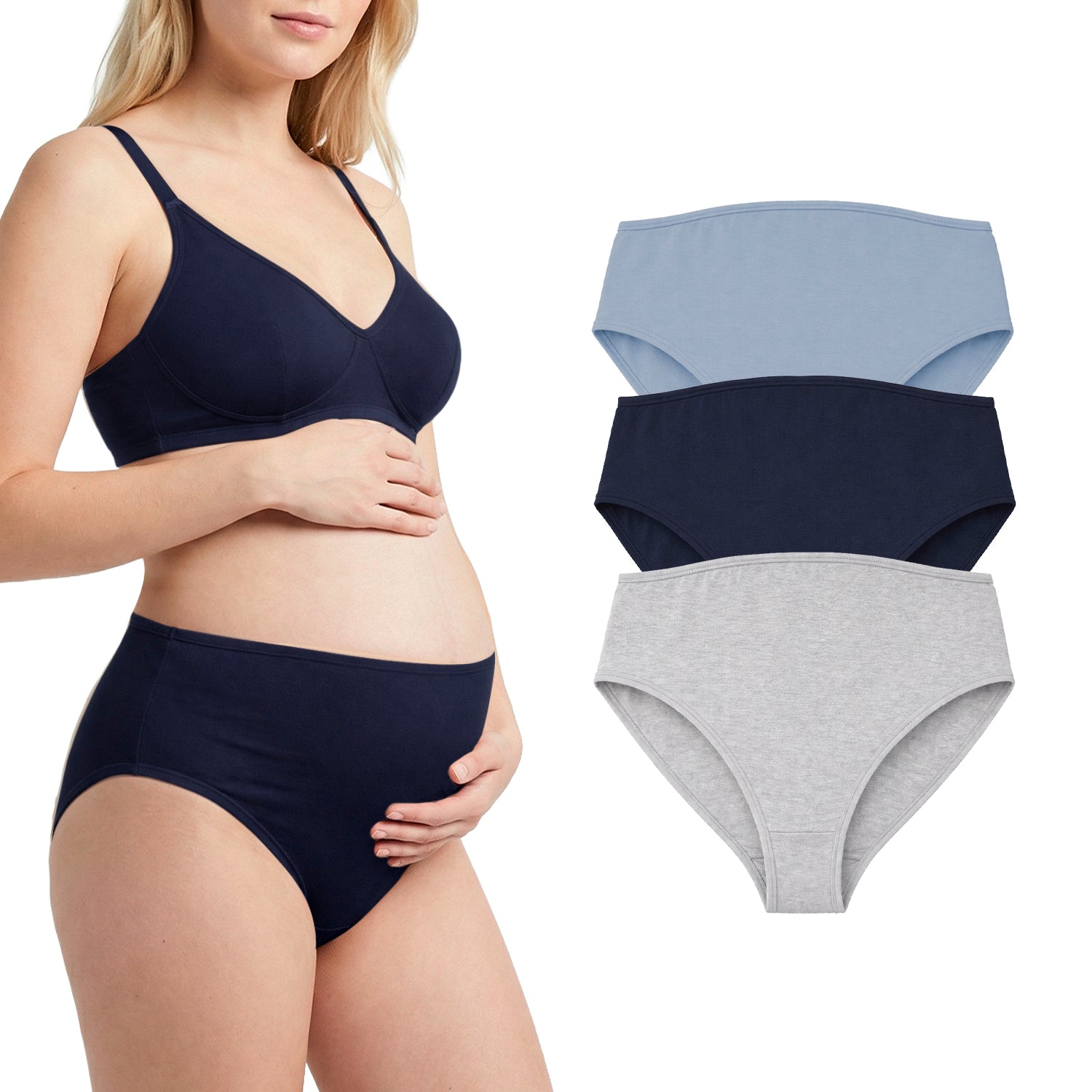 Panty alta de maternidad 9months algodón pack 3, set azul marino y gris, en modelo embarazada