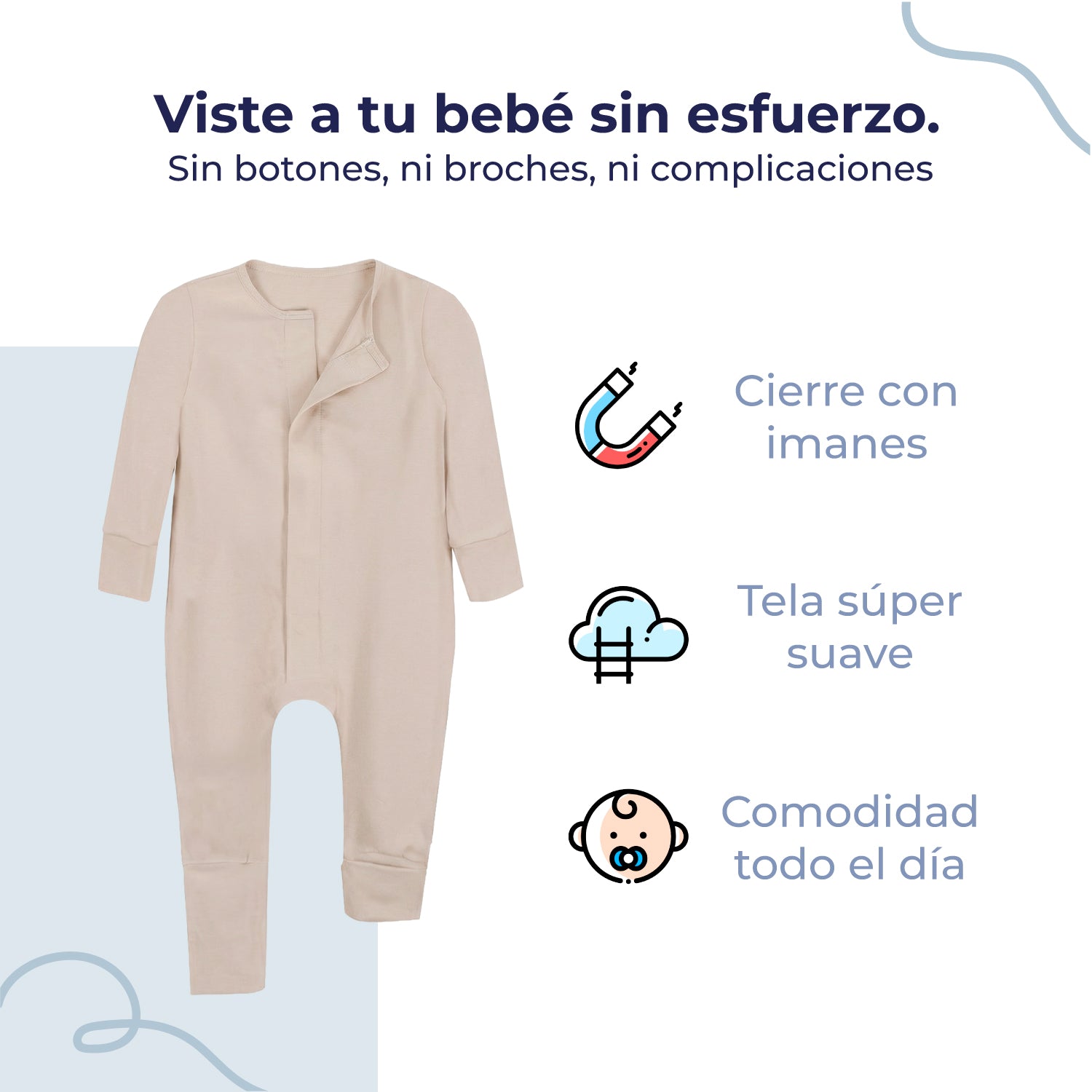 Mameluco de bebé manga larga sin pies con cierre magnético, color arena, vista 3