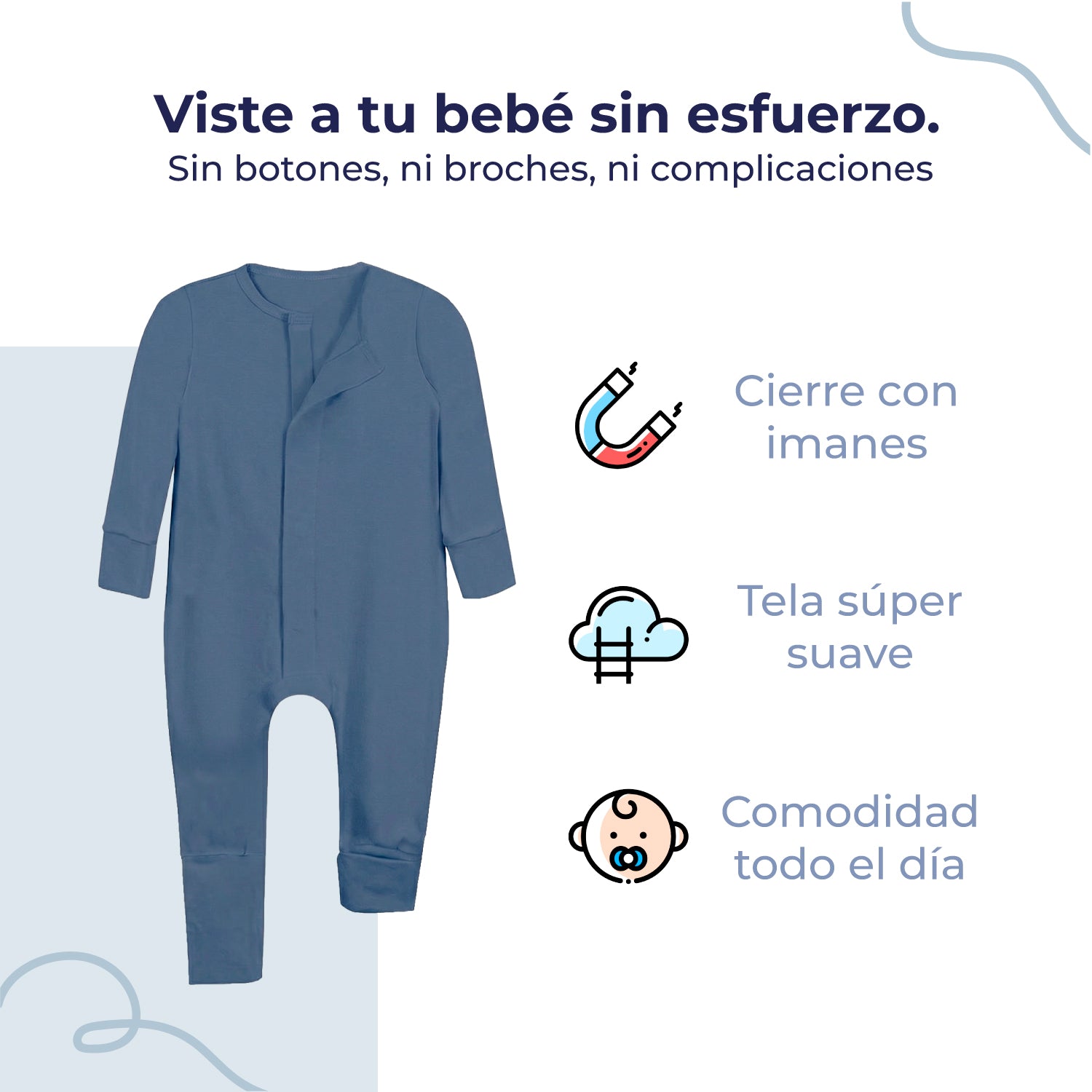 Mameluco de bebé manga larga sin pies con cierre magnético, color coppen blue, vista 3