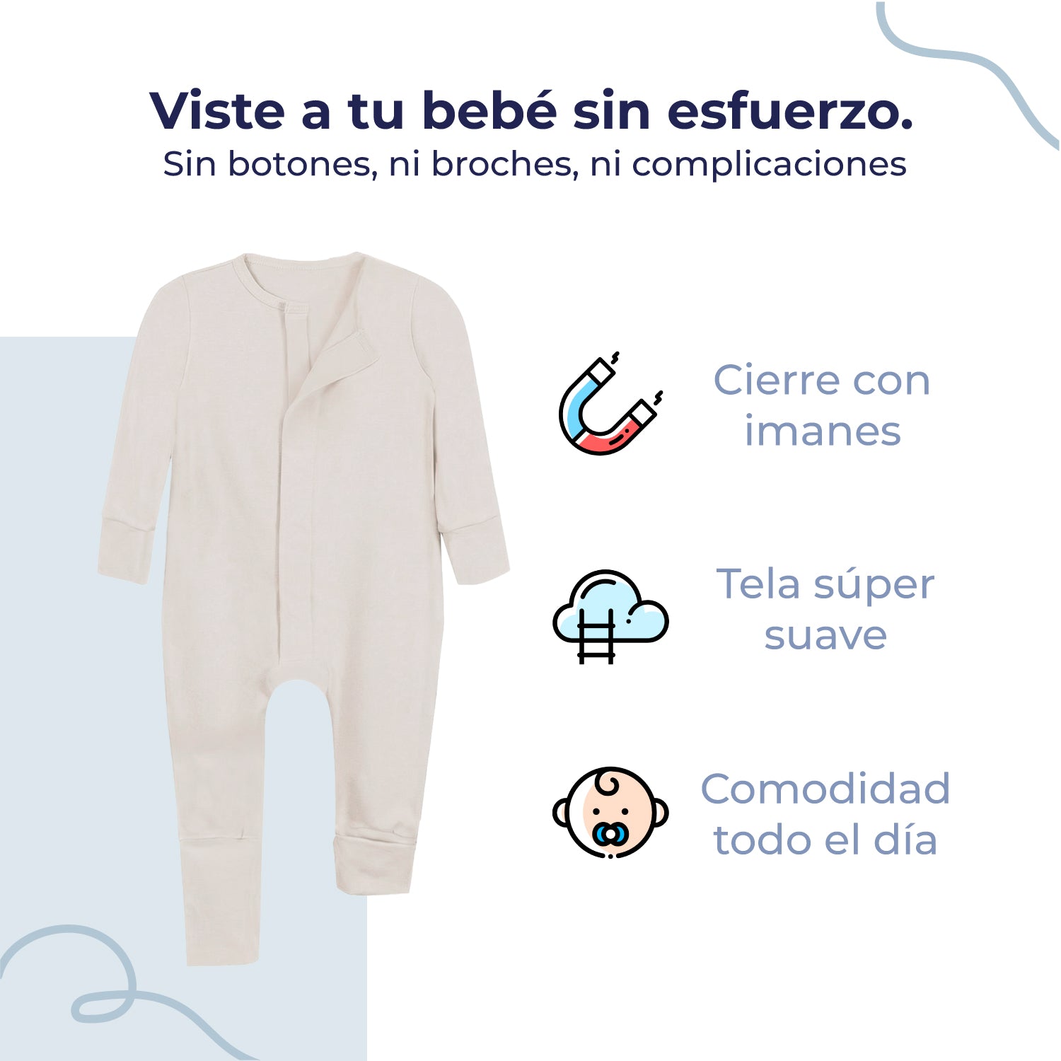 Mameluco de bebé manga larga sin pies con cierre magnético, color marfil, vista 3