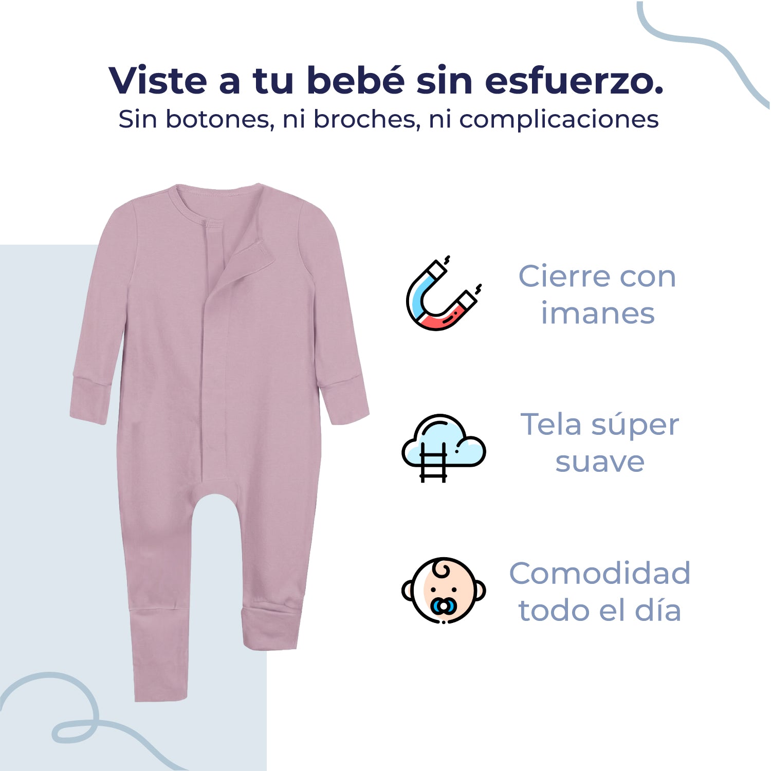 Mameluco de bebé manga larga sin pies con cierre magnético, color rosa, vista 3