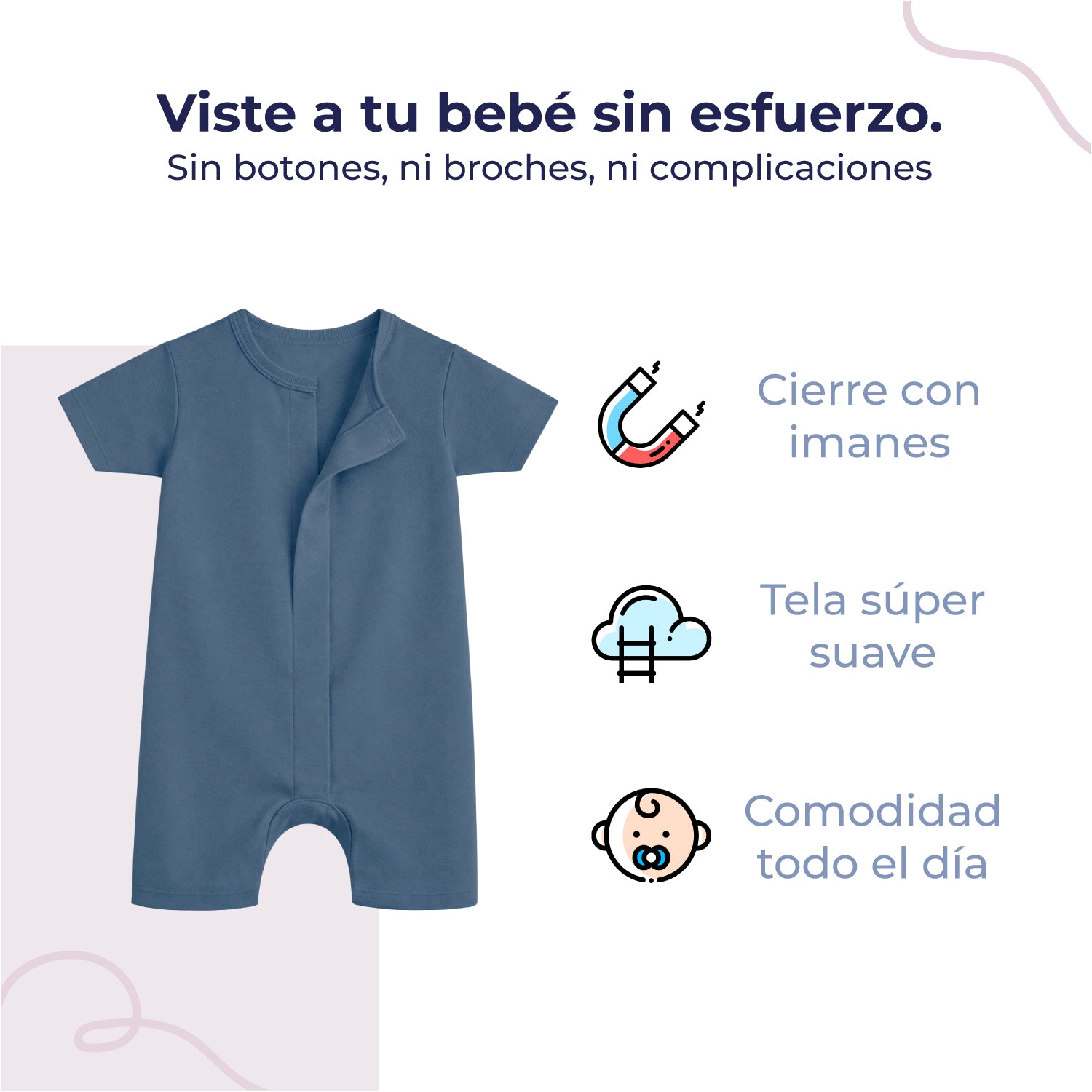 Pañalero de bebé manga corta con cierre magnético, color coppen blue, vista 3