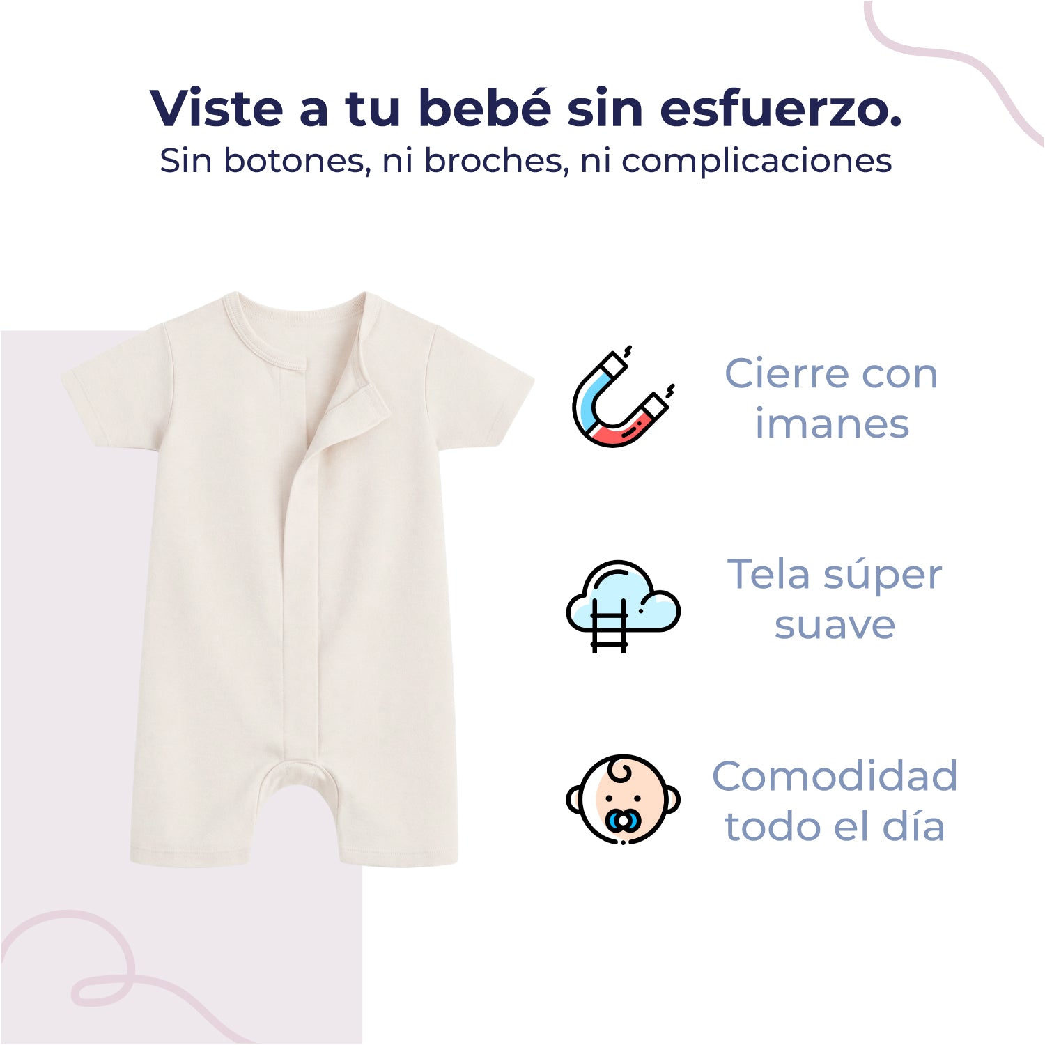 Pañalero de bebé manga corta con cierre magnético, color marfil, vista 3