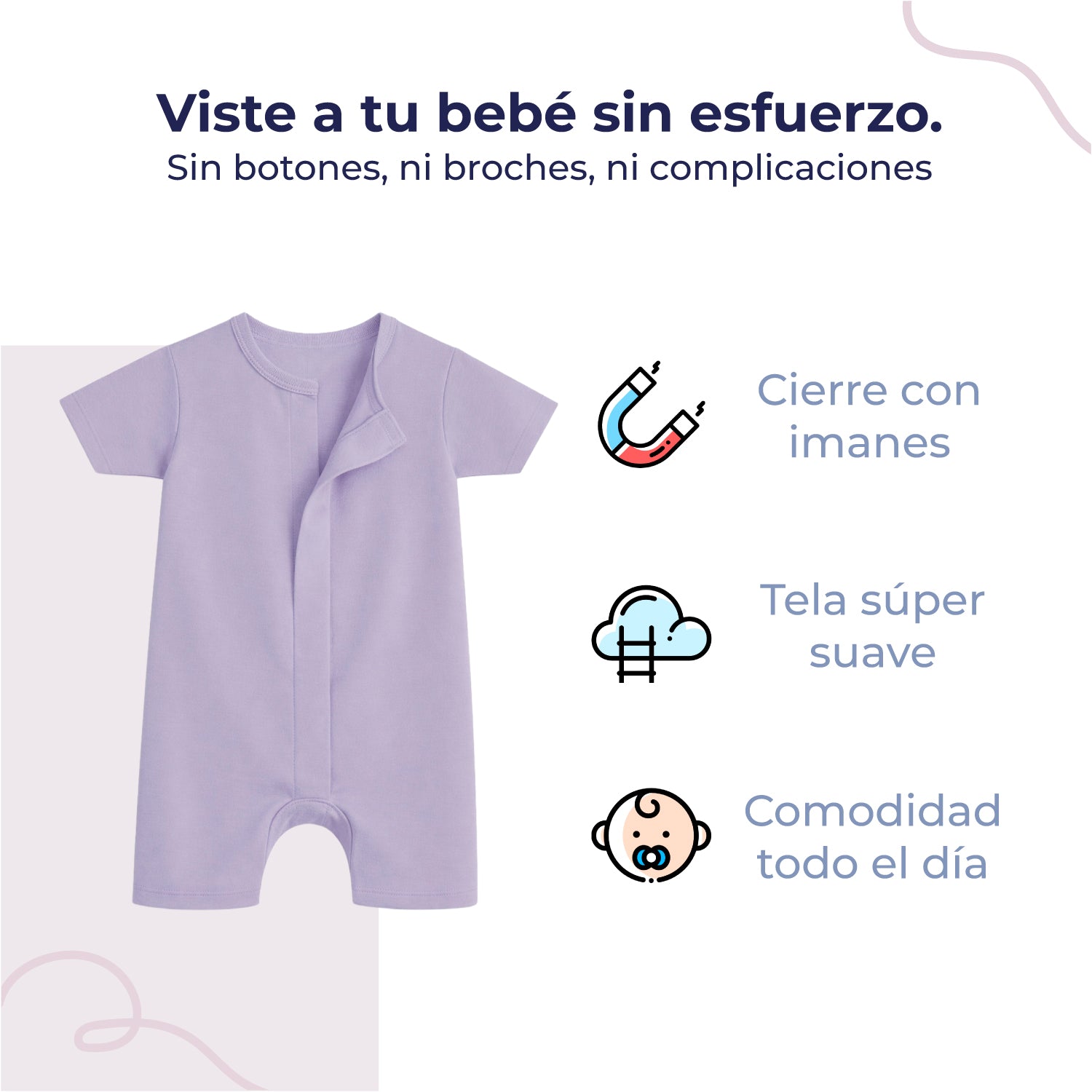 Pañalero de bebé manga corta con cierre magnético, color orchid petal, vista 3