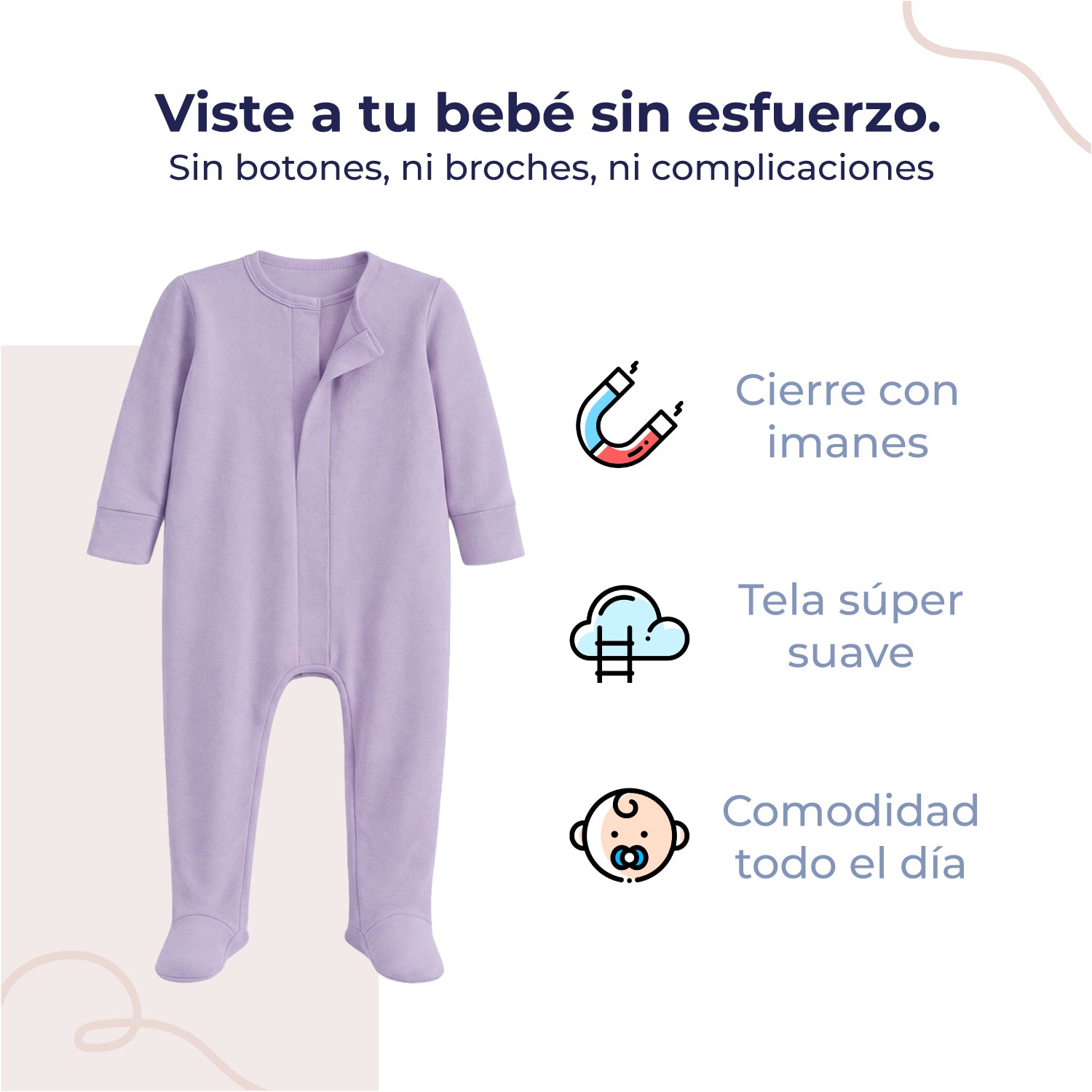 Mameluco de bebé con pies manga larga con cierre magnético, color orchid petal, vista 3