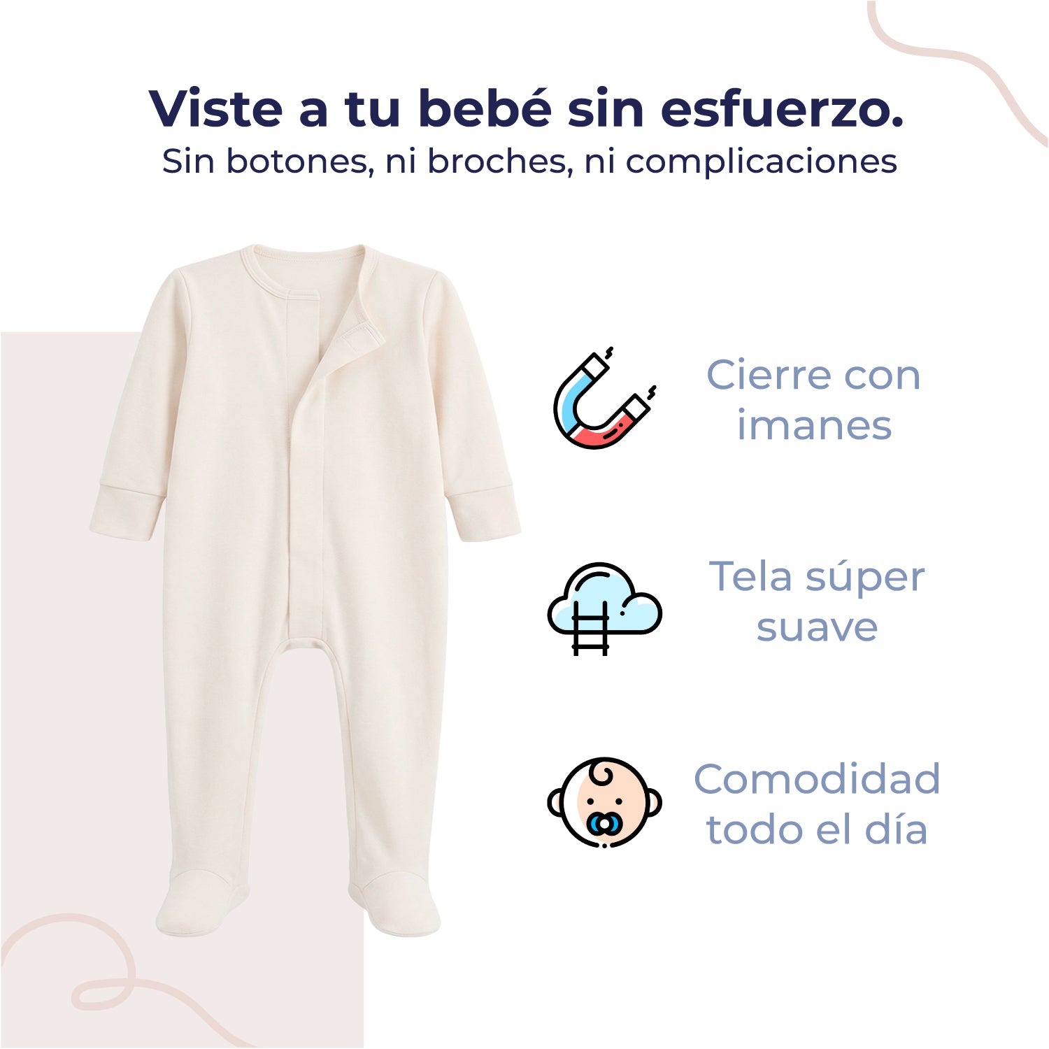 Mameluco de bebé con pies manga larga con cierre magnético, color marfil, vista 3