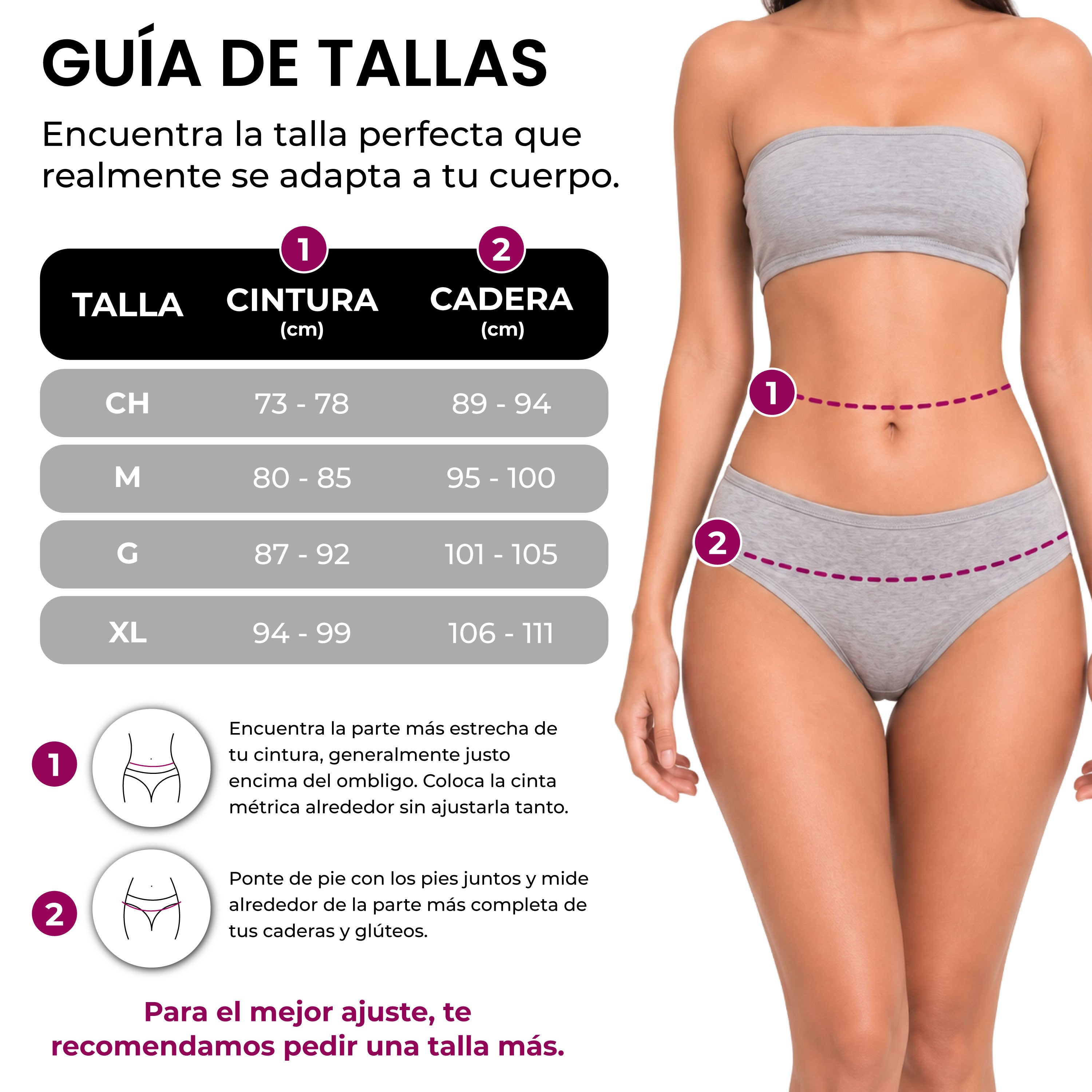 Guía de tallas bikinis algodón BODYcontrol, set gris negro nude