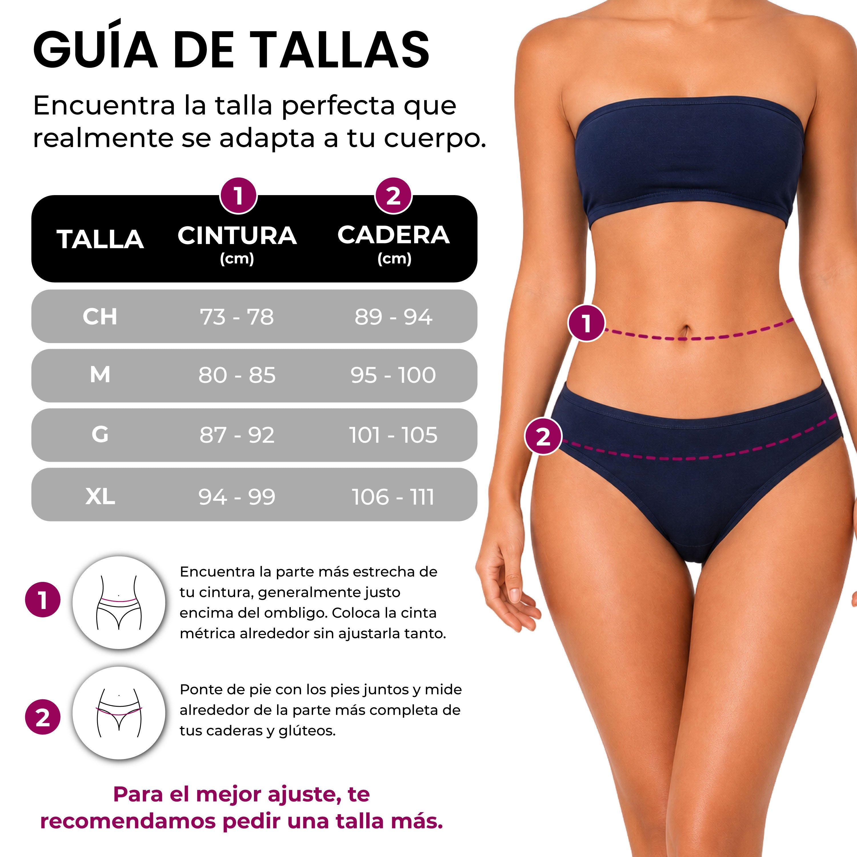 Guía de tallas bikinis algodón BODYcontrol, set marino azul nude