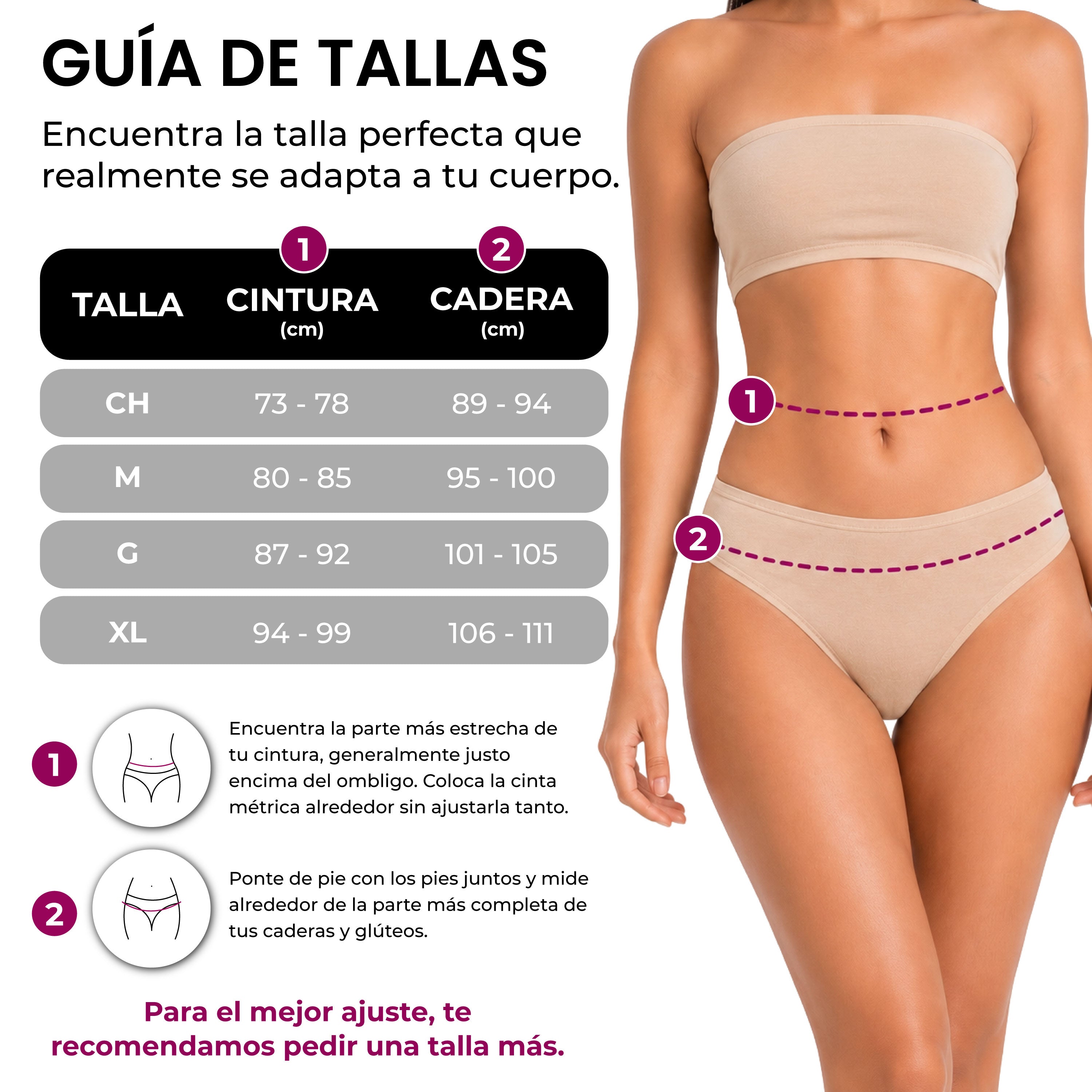 Guía de tallas bikinis algodón BODYcontrol, set avellana rosa nude