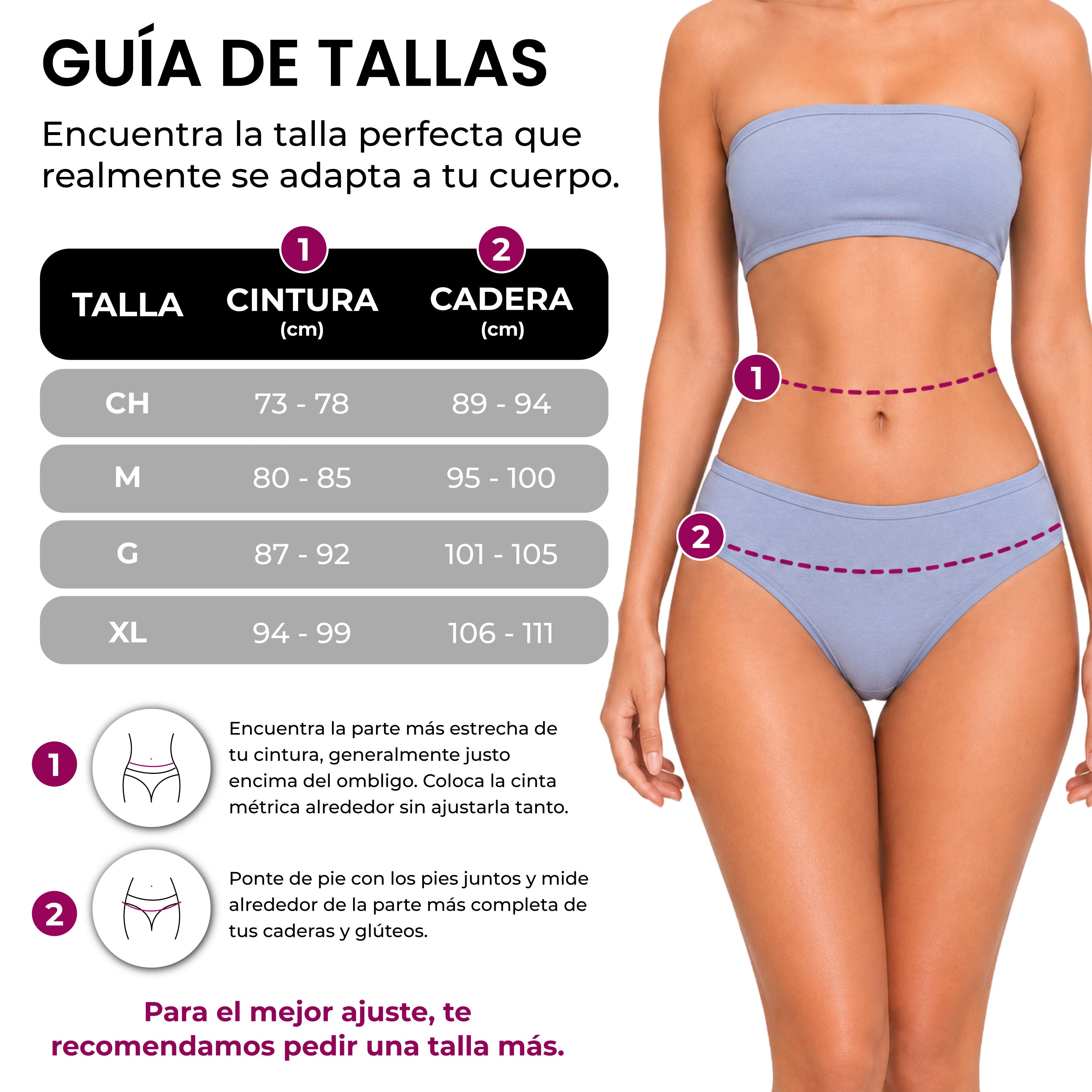 Guía de tallas bikinis algodón BODYcontrol, set multicolor 6 colores
