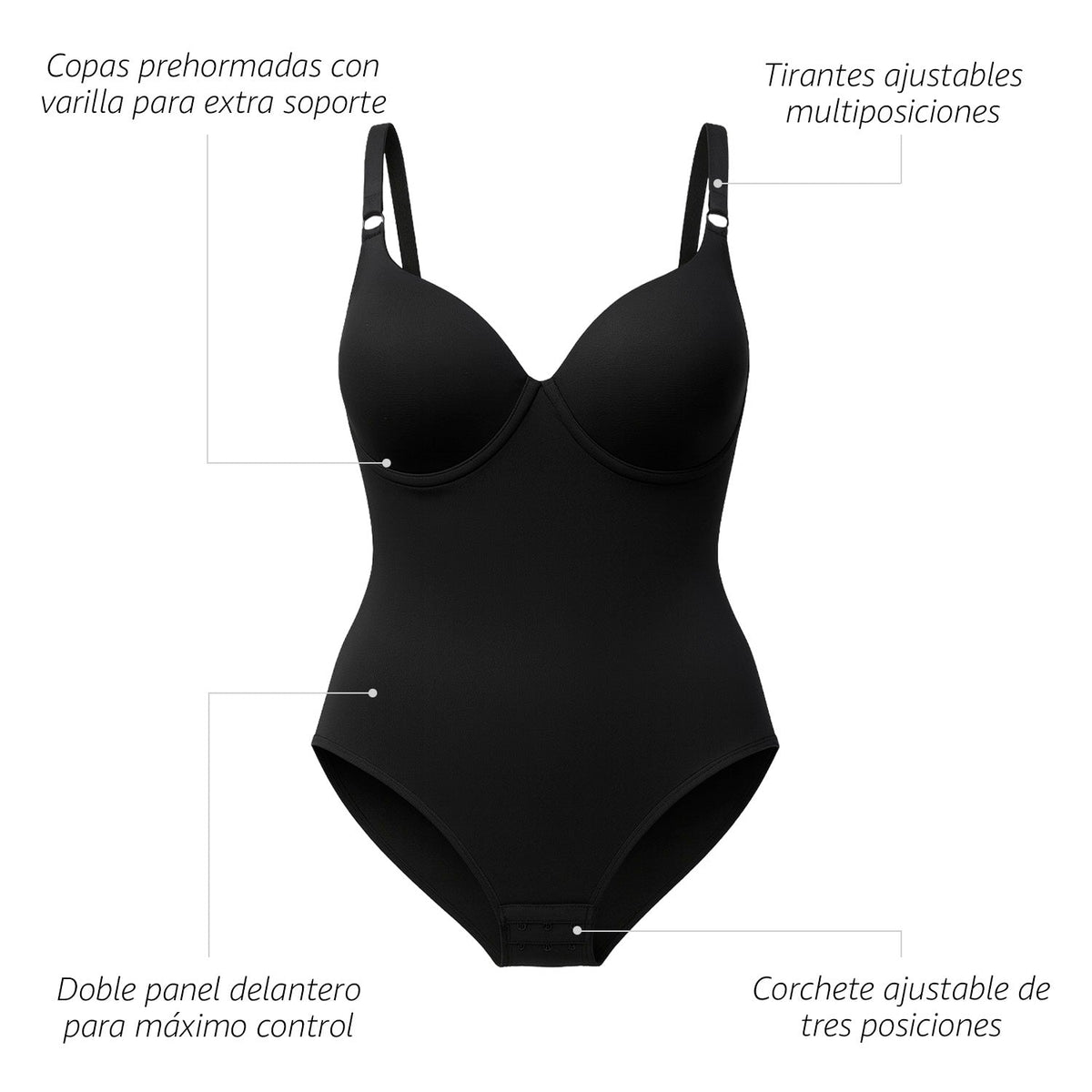 Bodysuit moldeador con copas y varillas, negro, infografía, vista 6
