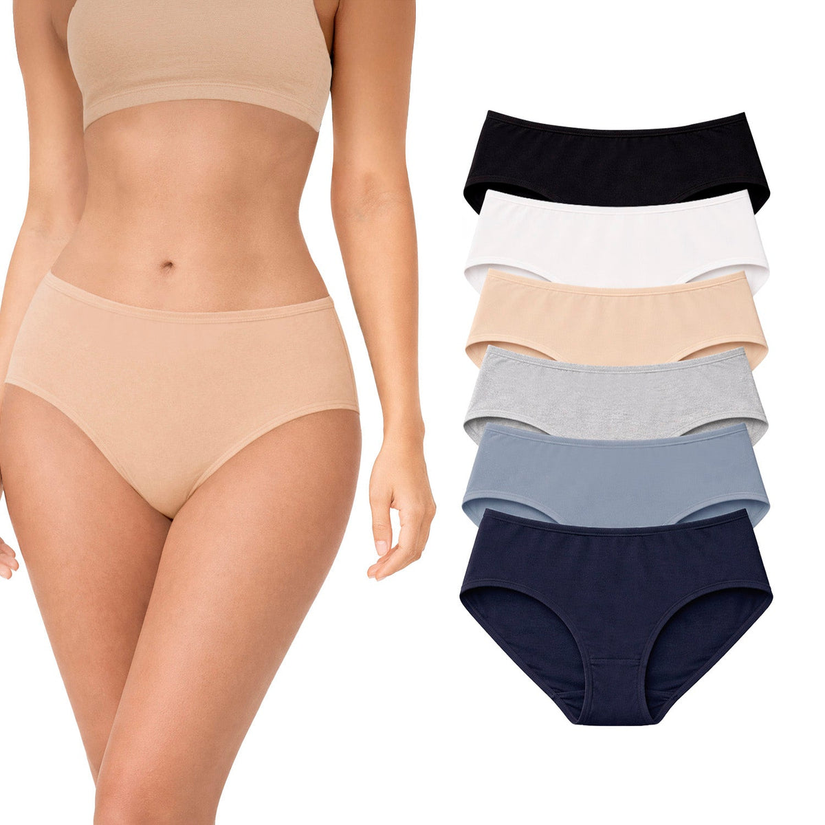 Panty de algodón cobertura completa paquete de 6, blanco, negro, gris, marino, azul, nude, foto del paquete