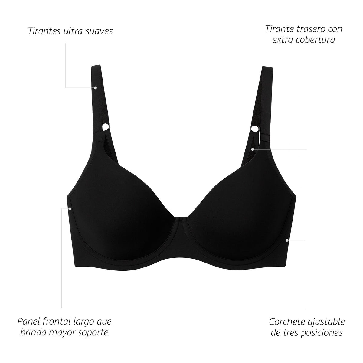 Bra con realce de panel frontal largo, negro, infografía, vista 6