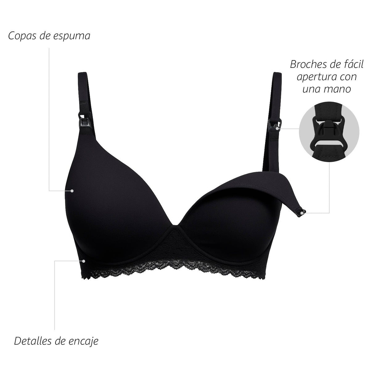 Bra de lactancia con encaje, negro, infografía, vista 5