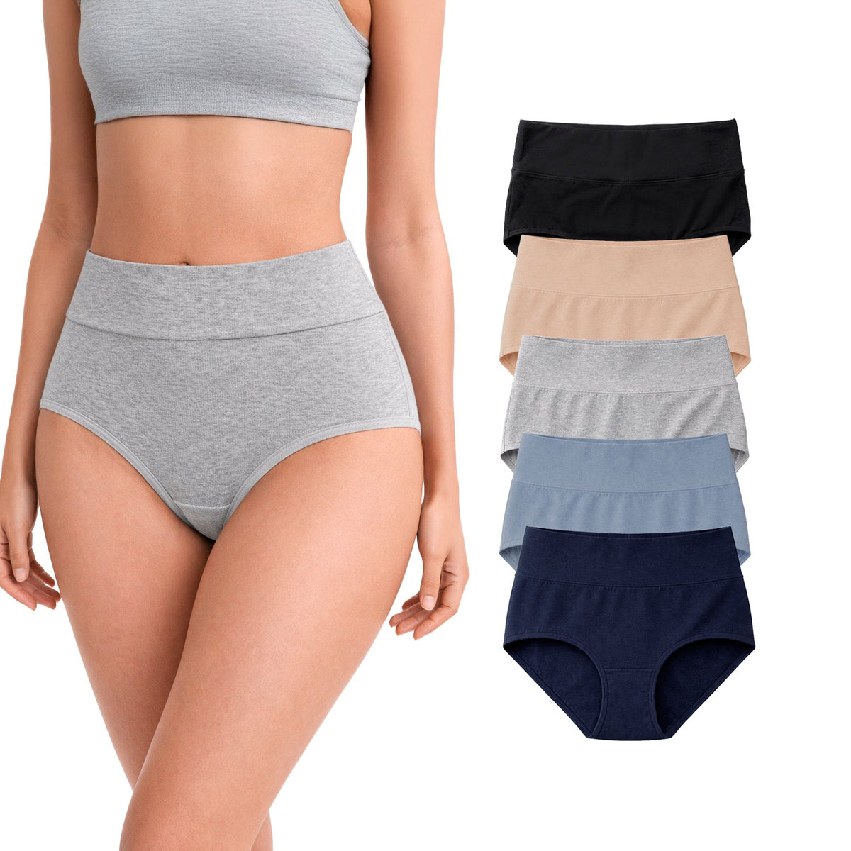 Hipster de algodón de tiro alto paquete de 5, nude, gris, marino, azul, negro, foto del paquete
