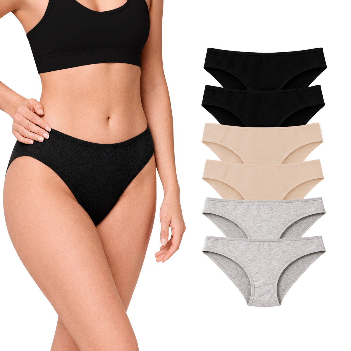 Bikini de algodón paquete de 6, gris/negro/nude, foto del paquete