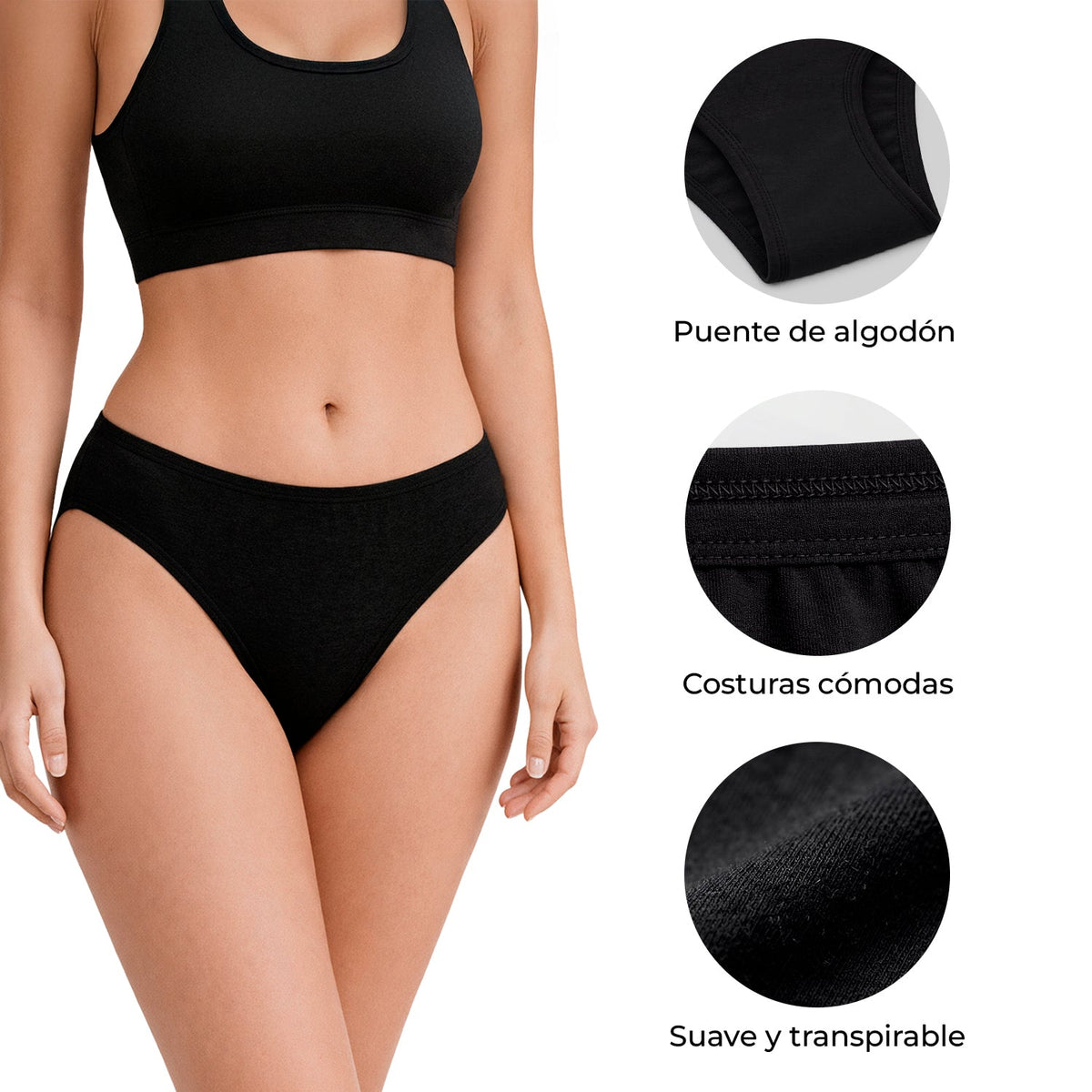 Bikini de algodón paquete de 7, negro, infografía, vista 5