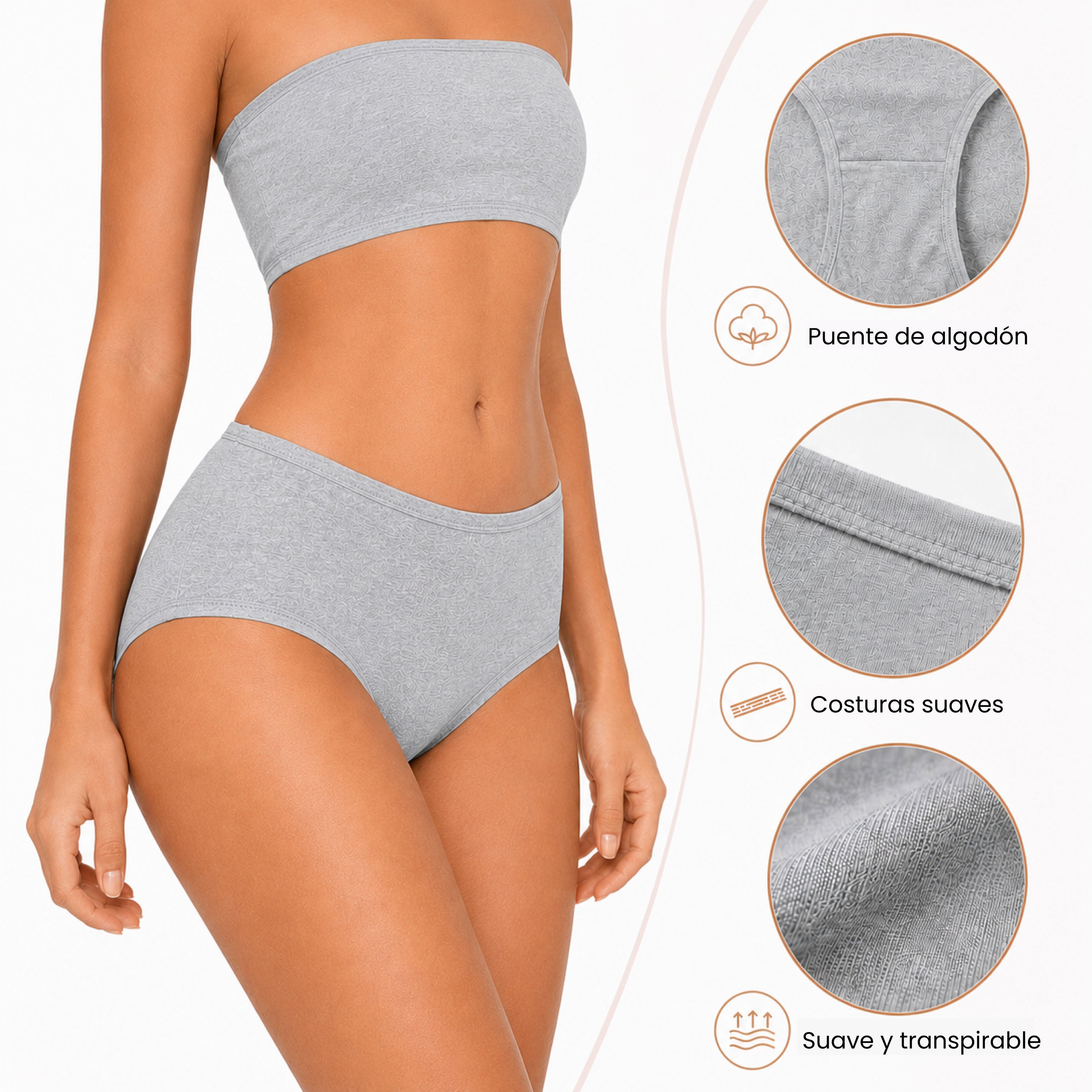 Panties mujer BODYcontrol algodón pack 6, gris negro nude, vista 3