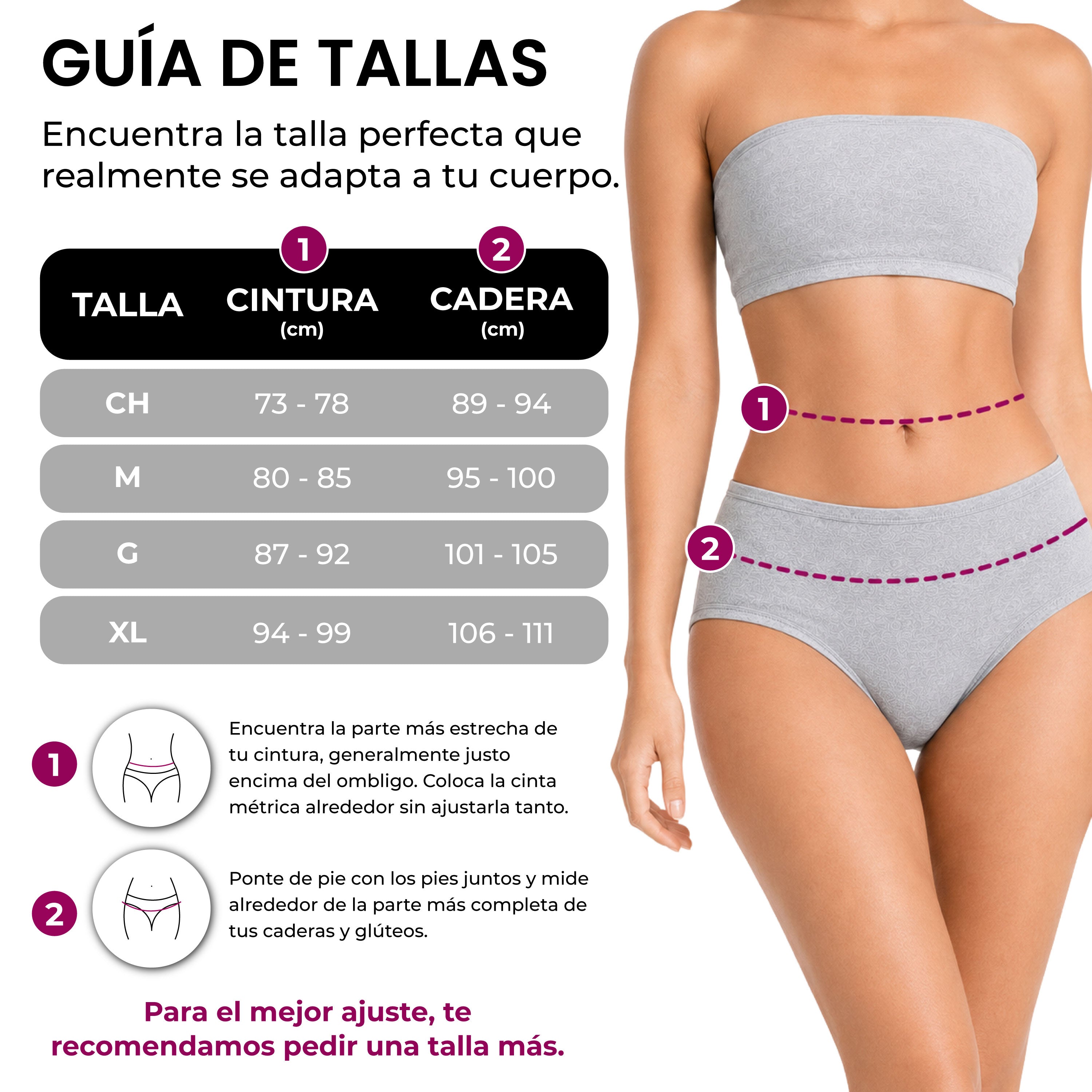 Guía de tallas panties algodón BODYcontrol, set gris negro nude