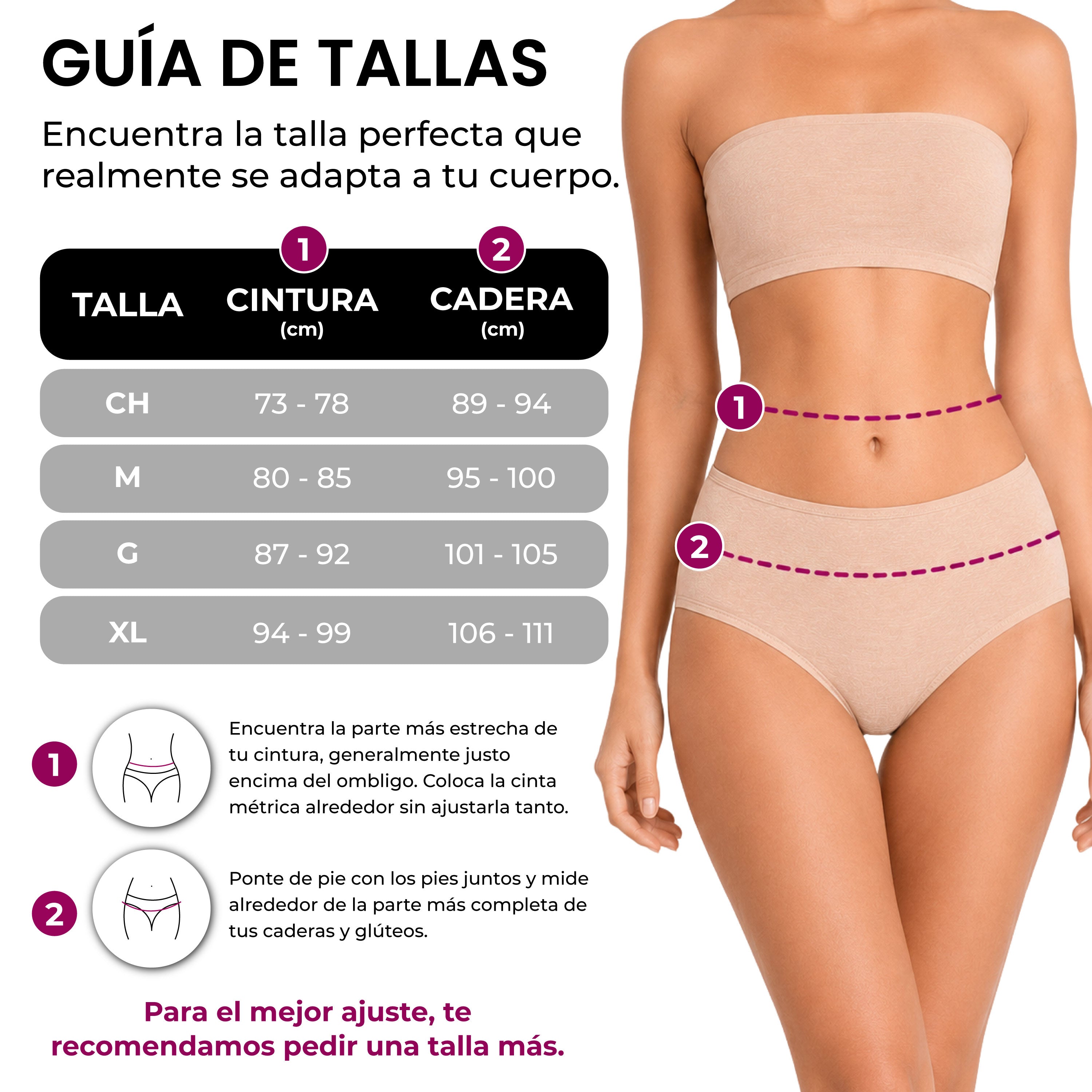 Guía de tallas panties algodón BODYcontrol, set avellana rosa nude