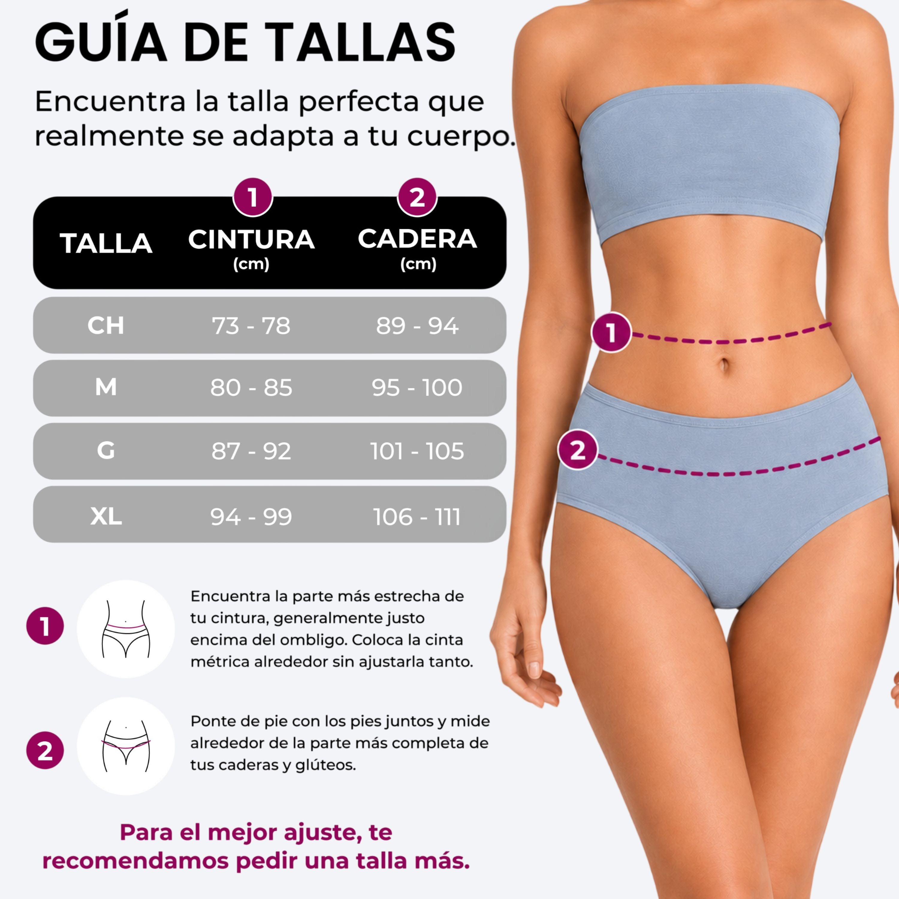 Guía de tallas panties algodón BODYcontrol, set multicolor 6 colores
