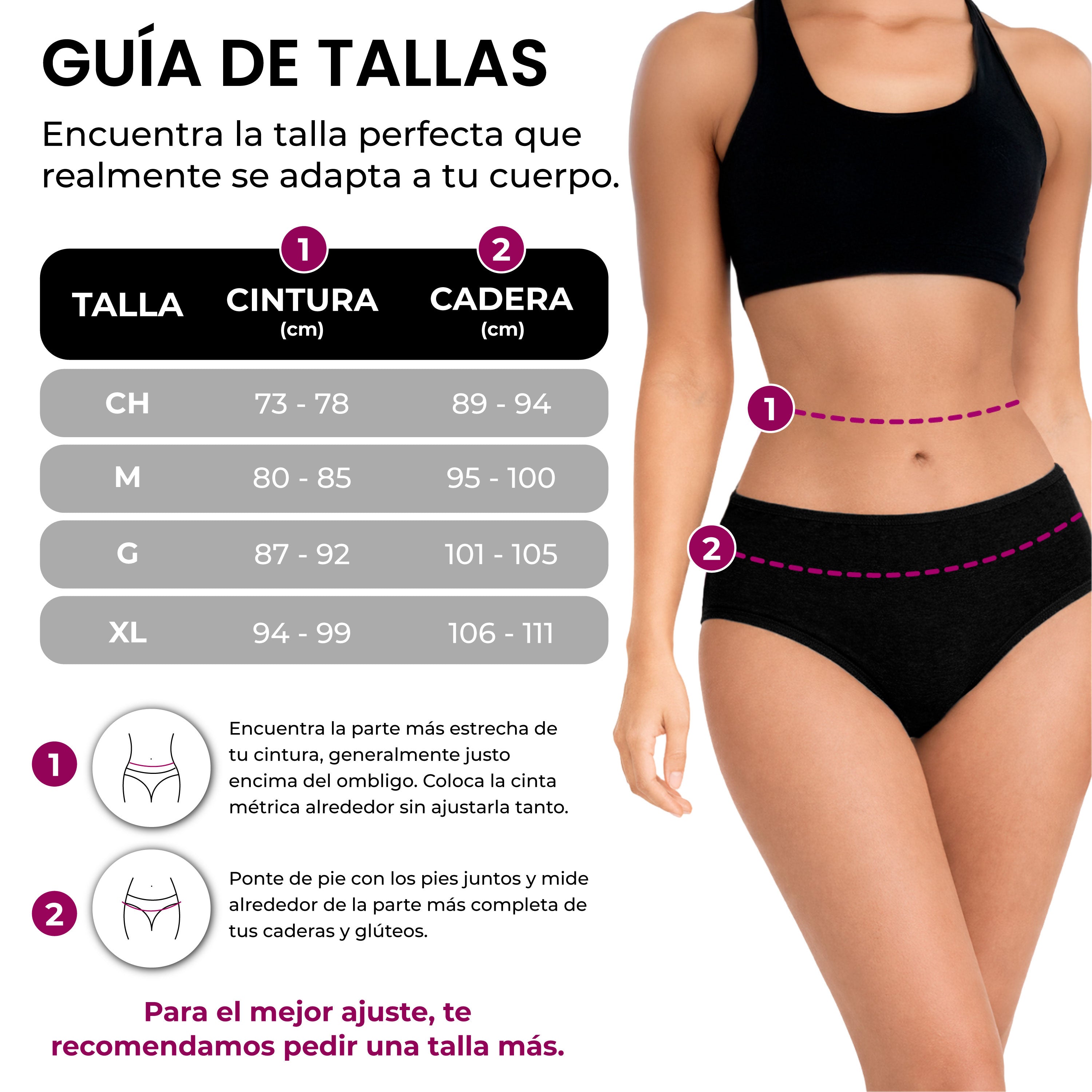 Guía de tallas panties algodón BODYcontrol, set negro