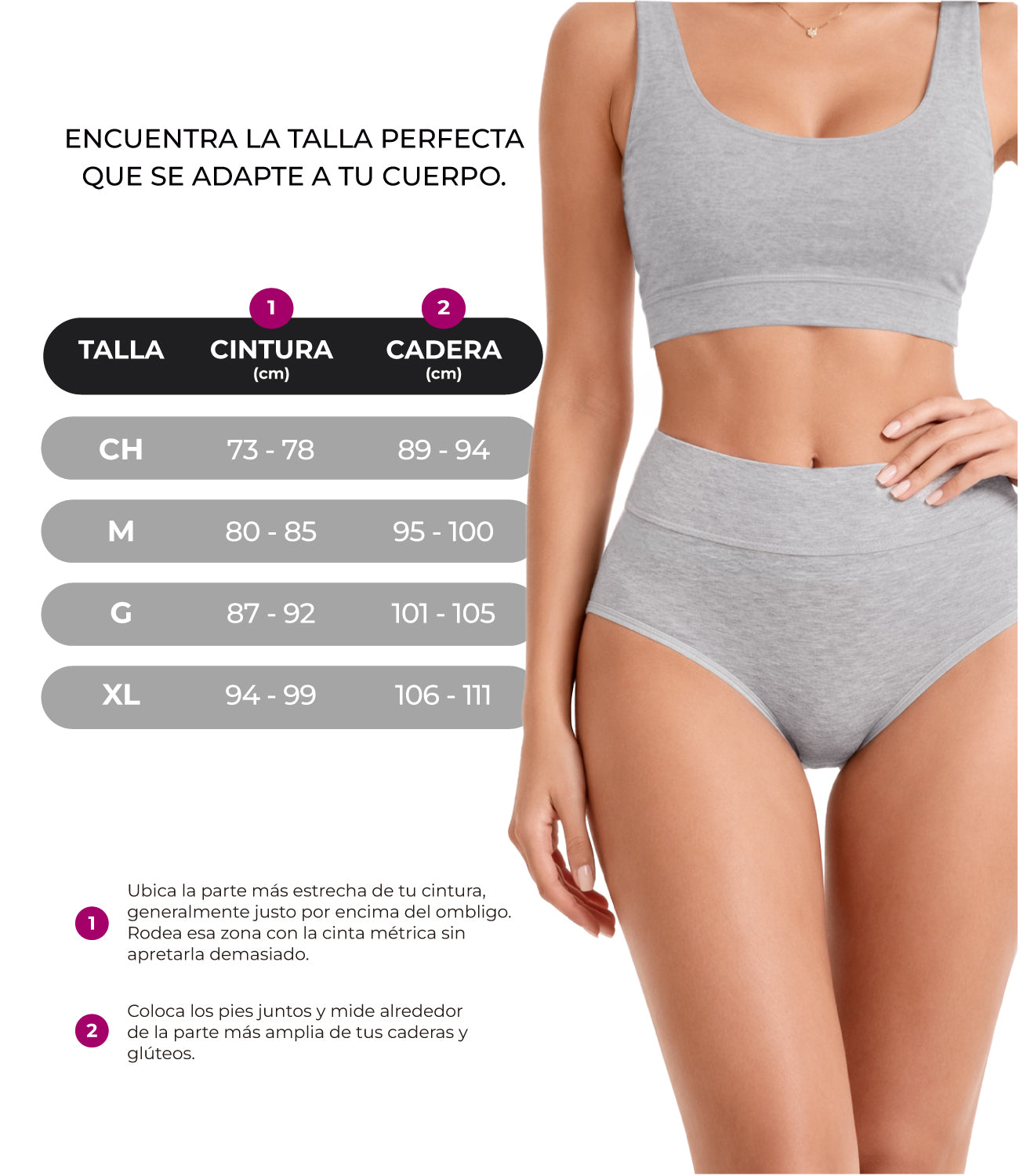 Guía de tallas hipsters cintura alta algodón BODYcontrol